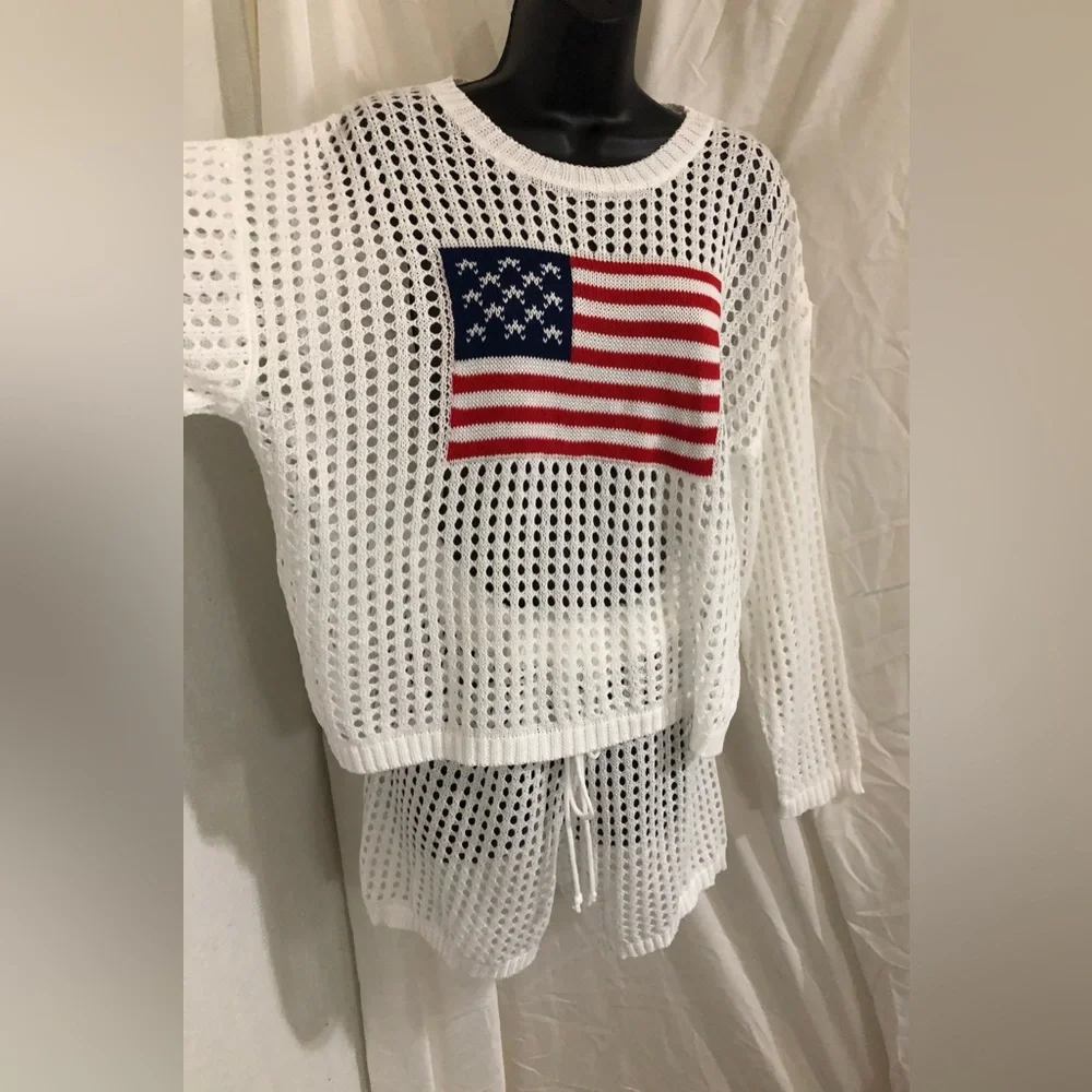 White 2pc American flag crochet mesh sweater & shorts coverup set size large new